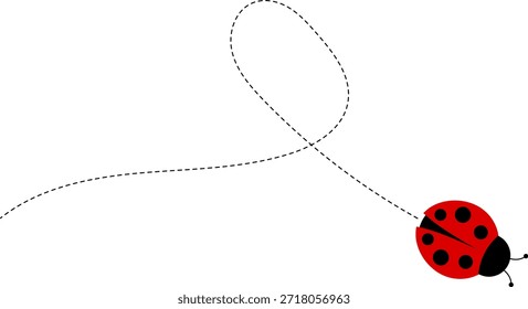 Lindo conjunto de iconos de mariquita. colección de personajes de mariquita. Mariquita de dibujos animados volando con el camino punteado. Mariquitas volando en ruta punteada. Grupo de insectos. Ilustración vectorial aislada en blanco.