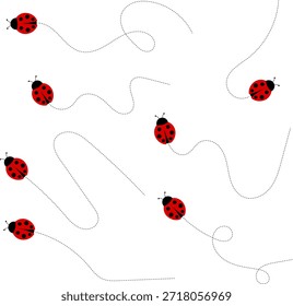 Lindo conjunto de iconos de mariquita. colección de personajes de mariquita. Mariquita de dibujos animados volando con el camino punteado. Mariquitas volando en ruta punteada. Grupo de insectos. Ilustración vectorial aislada en blanco.