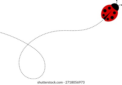 Lindo conjunto de iconos de mariquita. colección de personajes de mariquita. Mariquita de dibujos animados volando con el camino punteado. Mariquitas volando en ruta punteada. Grupo de insectos. Ilustración vectorial aislada en blanco.