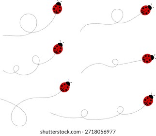 Lindo conjunto de iconos de mariquita. colección de personajes de mariquita. Mariquita de dibujos animados volando con el camino punteado. Mariquitas volando en ruta punteada. Grupo de insectos. Ilustración vectorial aislada en blanco.