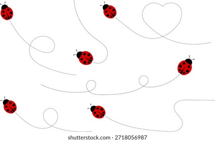 Lindo conjunto de iconos de mariquita. colección de personajes de mariquita. Mariquita de dibujos animados volando con el camino punteado. Mariquitas volando en ruta punteada. Grupo de insectos. Ilustración vectorial aislada en blanco.