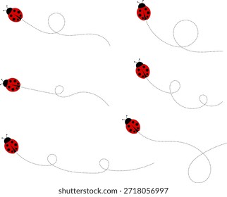 Lindo conjunto de iconos de mariquita. colección de personajes de mariquita. Mariquita de dibujos animados volando con el camino punteado. Mariquitas volando en ruta punteada. Grupo de insectos. Ilustración vectorial aislada en blanco.