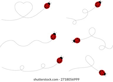 Lindo conjunto de iconos de mariquita. colección de personajes de mariquita. Mariquita de dibujos animados volando con el camino punteado. Mariquitas volando en ruta punteada. Grupo de insectos. Ilustración vectorial aislada en blanco.