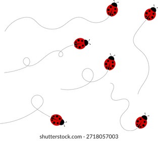 Lindo conjunto de iconos de mariquita. colección de personajes de mariquita. Mariquita de dibujos animados volando con el camino punteado. Mariquitas volando en ruta punteada. Grupo de insectos. Ilustración vectorial aislada en blanco.