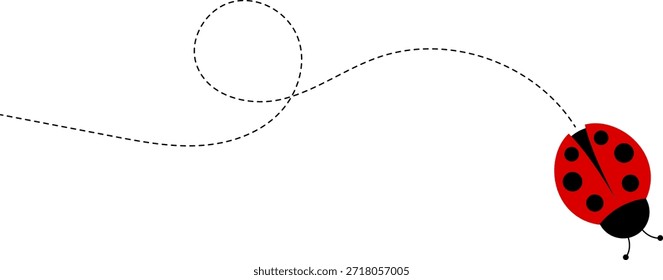 Lindo conjunto de iconos de mariquita. colección de personajes de mariquita. Mariquita de dibujos animados volando con el camino punteado. Mariquitas volando en ruta punteada. Grupo de insectos. Ilustración vectorial aislada en blanco.