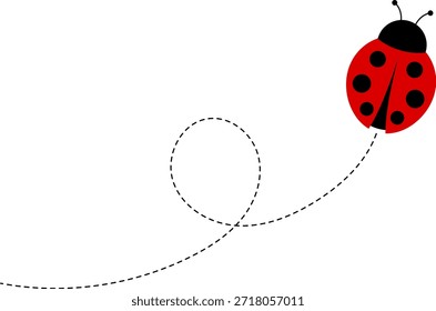 Lindo conjunto de iconos de mariquita. colección de personajes de mariquita. Mariquita de dibujos animados volando con el camino punteado. Mariquitas volando en ruta punteada. Grupo de insectos. Ilustración vectorial aislada en blanco.