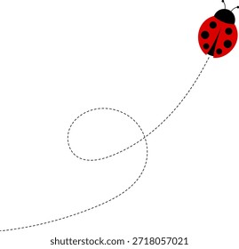 Lindo conjunto de iconos de mariquita. colección de personajes de mariquita. Mariquita de dibujos animados volando con el camino punteado. Mariquitas volando en ruta punteada. Grupo de insectos. Ilustración vectorial aislada en blanco.