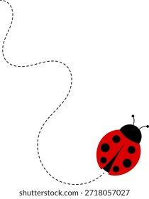 Lindo conjunto de iconos de mariquita. colección de personajes de mariquita. Mariquita de dibujos animados volando con el camino punteado. Mariquitas volando en ruta punteada. Grupo de insectos. Ilustración vectorial aislada en blanco.