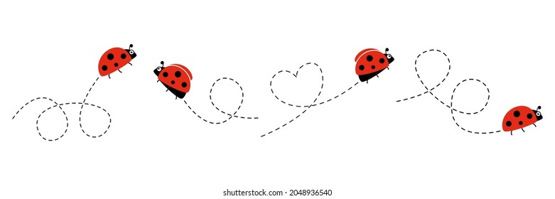 Cute ladybug icon set. Ladybugs flying on dotted route. Cartoon ladybirds with open wings. Vector isolated on white background.	