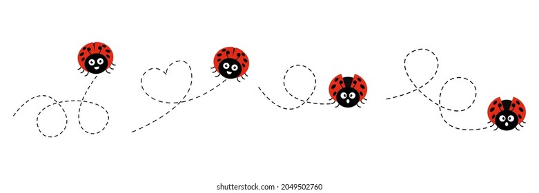 Juego de iconos de cute ladybug. Los bichos de colores vuelan por una ruta puntiaguda. Pájaros de caricatura con alas abiertas. Vector aislado sobre fondo blanco.	