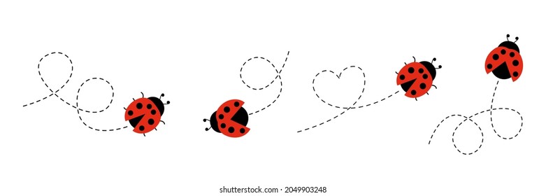 Cute ladybug icon set. Ladybugs flying on dotted route. Cartoon ladybirds with open wings. Vector isolated on white background.	