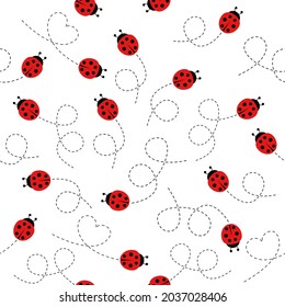 Cute ladybug Symbol setzt nahtloses Muster. Marienkäfer fliegen auf gepunkteter Strecke. Cartoon Ladybirds mit offenen Flügeln. Vektorgrafik einzeln auf weißem Hintergrund.