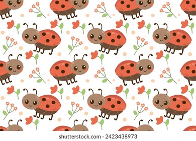 Cute ladybug icon set seamless pattern. Ladybugs with flowers . Cartoon ladybirds flat style. Vector isolated on white background , for your design .
