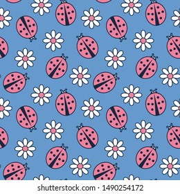 Cute ladybug ladybird and daisy flower seamless pattern. Vector