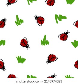 Cute ladybug or ladybird with green grass. Spring seamless pattern. Nice design for kids clothes, packaging and stationery. Vetor, Illustration.