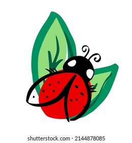 Cute ladybug or ladybird on a green leafs. Springtime. Nice design for kids clothes, packaging and stationery. Vetor, Illustration.