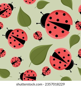 Cute Ladybug and leaves seamless pattern. Pretty isolated color Ladybird vector endless background. Nature cartoon or Flat illustration with red dotted Beetle. Summer spotted bug for Wrapping paper.