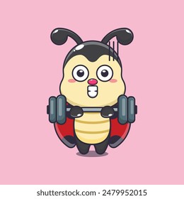 Cute ladybug lifting barbell cartoon vector illustration. Vector cartoon Illustration suitable for poster, brochure, web, mascot, sticker, logo and icon.