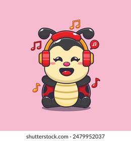 Cute ladybug listening music with headphone cartoon vector illustration. Vector cartoon Illustration suitable for poster, brochure, web, mascot, sticker, logo and icon.