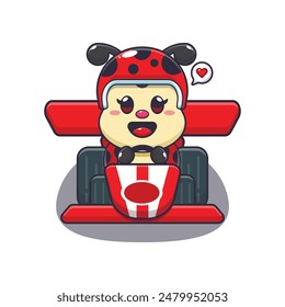 Cute ladybug mascot cartoon character riding race car. Vector cartoon Illustration suitable for poster, brochure, web, mascot, sticker, logo and icon.