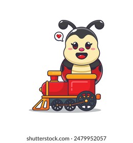 Cute ladybug mascot cartoon character ride on train. Vector cartoon Illustration suitable for poster, brochure, web, mascot, sticker, logo and icon.