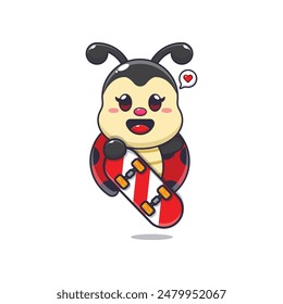 Cute ladybug mascot cartoon character with skateboard. Vector cartoon Illustration suitable for poster, brochure, web, mascot, sticker, logo and icon.