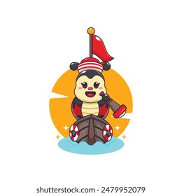 Cute ladybug mascot cartoon character on the boat. Vector cartoon Illustration suitable for poster, brochure, web, mascot, sticker, logo and icon.