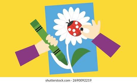 Linda mariquita en flor de margarita. Ilustración vectorial en estilo plano
