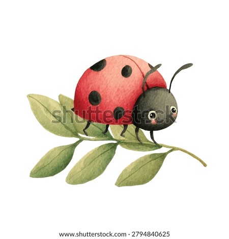 Cute ladybug on green leafy branch