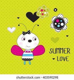 cute ladybug on polka dots background, summer love with ladybug, T-shirt design for girls vector illustration