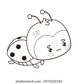 Cute Ladybug. Outline cartoon kawaii insect. Line drawing, coloring book. Vector illustration. Kids collection.