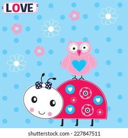 cute ladybug with owl vector illustration