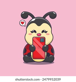 Cute ladybug with phone cartoon vector illustration. Vector cartoon Illustration suitable for poster, brochure, web, mascot, sticker, logo and icon.