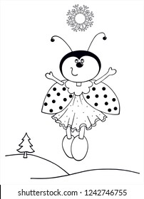 Cute ladybug is playing with a snowflake outside in the snow. Black and white vector for coloring. For card or gift.
