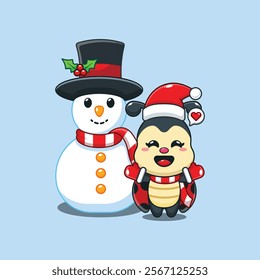 Cute ladybug playing with Snowman in Christmas day. 
Cartoon vector illustration in Christmas day.