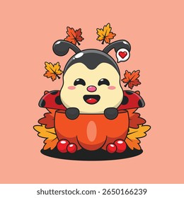 Joaninha bonito em uma abóbora na ilustração do vetor do desenho animado do outono