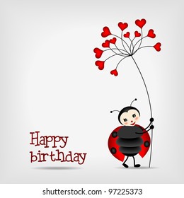 cute ladybug with red flower, birthday card - vector illustration