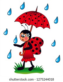 Cute ladybug with red umbrella in the rain. Colored vector for card or gift. 