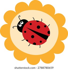 Cute ladybug rests on a bright yellow flower. Round eyes peek from its black head. Red body dotted with bold black spots. Sunny petals frame the cheerful insect