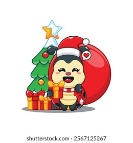 Cute ladybug as a santa claus carrying bag of presents in Christmas day. 
Cartoon vector illustration in Christmas day.