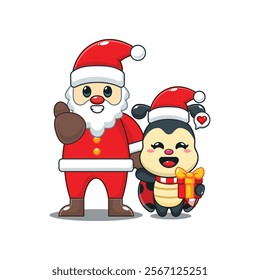 Cute ladybug with santa claus in Christmas day. 
Cartoon vector illustration in Christmas day.