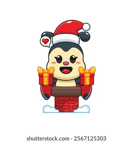 Cute ladybug with santa hat holding Christmas gift box in the chimney.
Cartoon vector illustration in Christmas day.