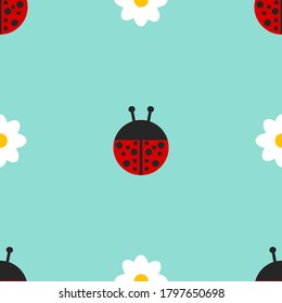 Cute ladybug seamless background. Stylish template for kids fabric design. Floral wallpaper. Vector cartoon backdrop. 
