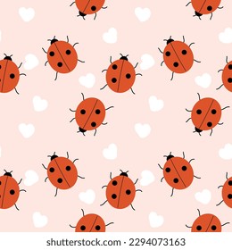 Cute ladybug seamless endless vector pattern, pink background, cute white hand drawn hearts, for wallpaper, for apparel, for textile