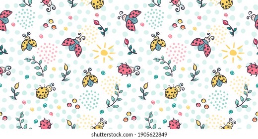 Cute ladybug seamless pattern. Ladybird cartoon character childrens illustration. Lady-beetle floral summer vector pattern with insects, sun, plants for kids, baby, textile, fabric, packaging