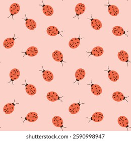 Cute ladybug seamless pattern. Red spring insects with black dots. Vector background.