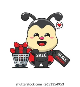 joaninha bonito com carrinho de compras e cupom de desconto sexta-feira preta venda desenho animado vetor ilustração