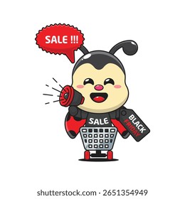 joaninha bonito no carrinho de compras está promovendo a venda de sexta-feira preta com megafone desenho animado vetor ilustração