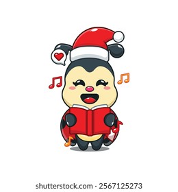 Cute ladybug sing a christmas song cartoon vector illustration. 
Cartoon vector illustration in Christmas day.