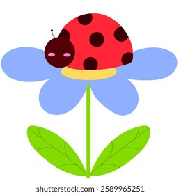 cute ladybug sitting on flower, adorable insect flat vector illustration